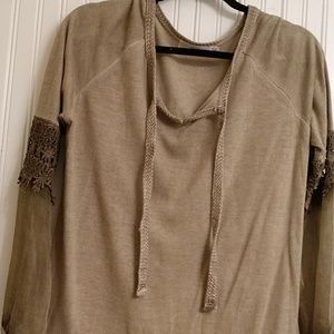 easel Tops - Soft tan tunic w/ cotton woven tie detail at nec easel Tops - Soft tan tunic w/ cotton woven tie detail at nec